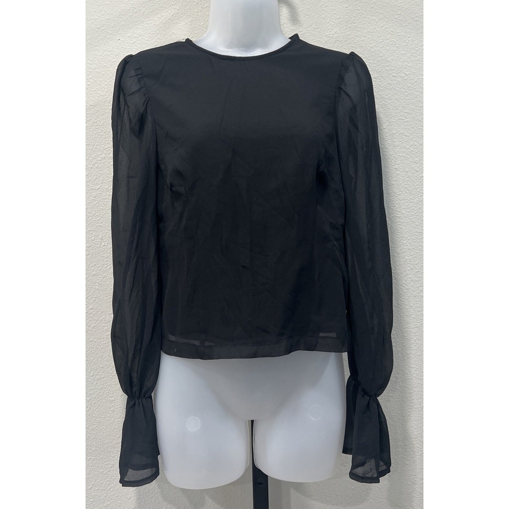 About Us Womens Round Neck Buttoned Flounce Long Sleeve Blouse Black Size S